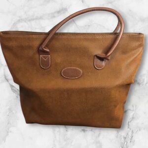 Large footed bottom brown dotted tote bag with handles 13x14 inch faux leather
